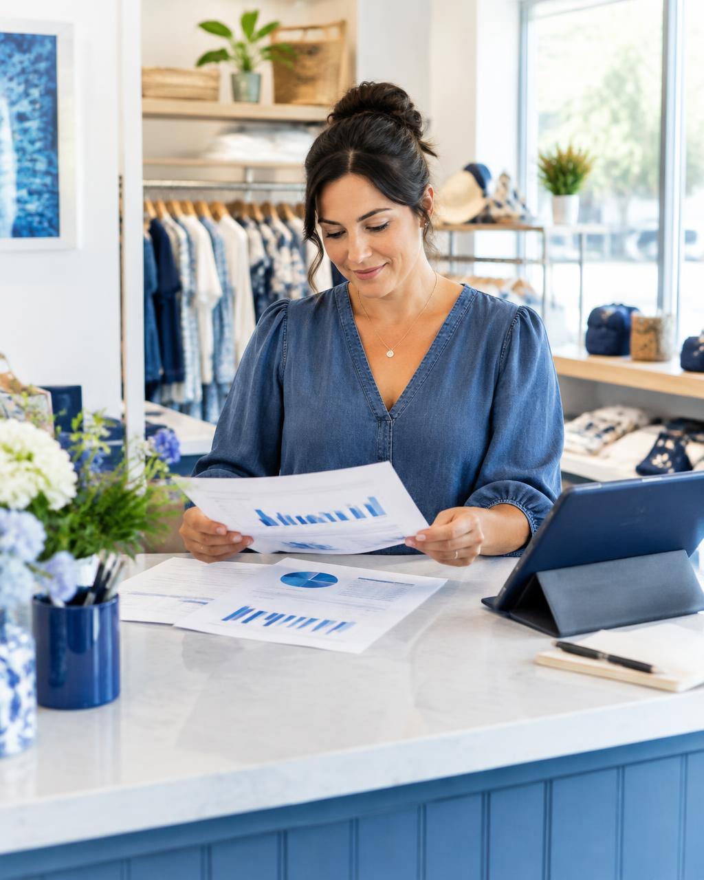Shop owner reviewing her monthly numbers at the counter