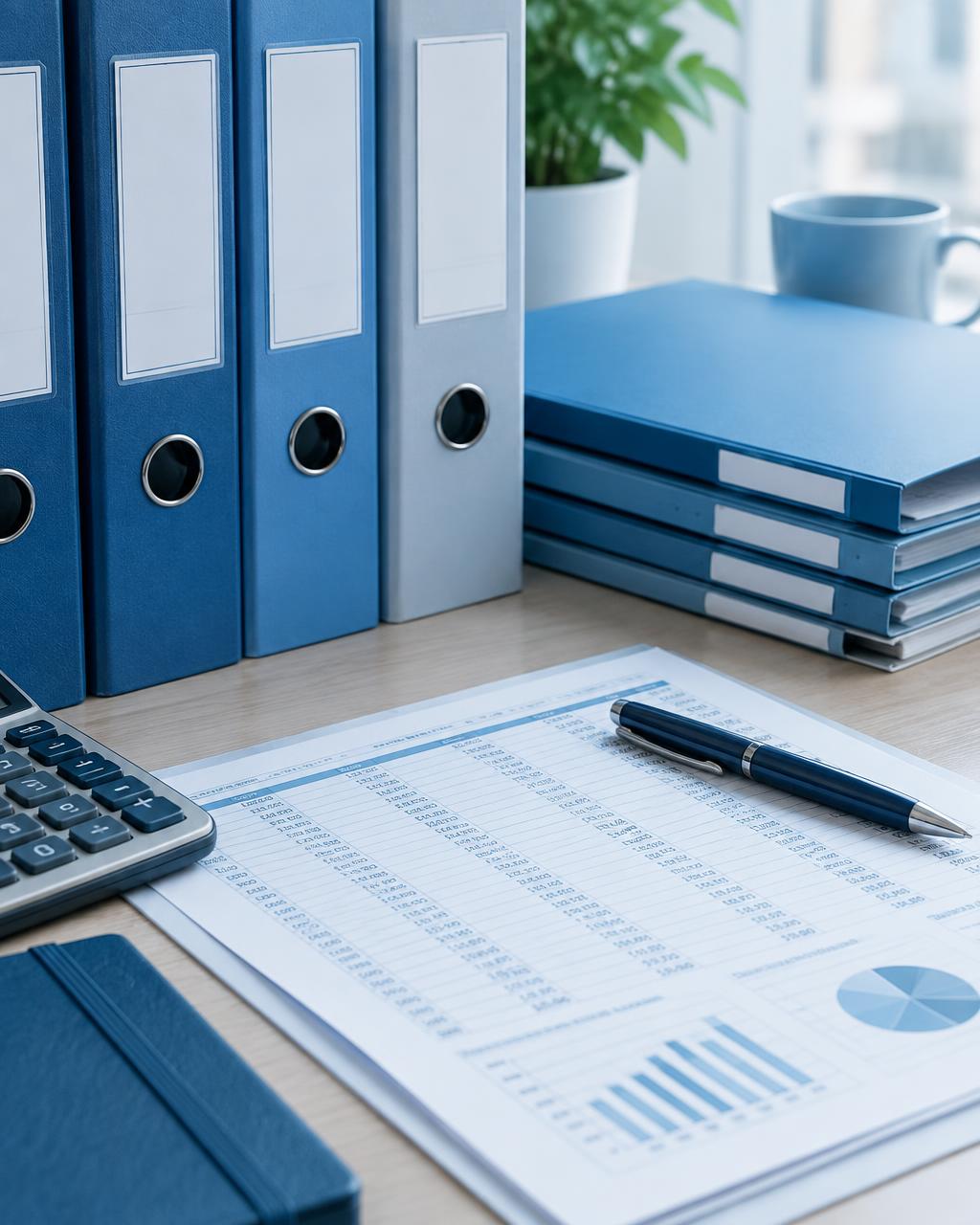 Blue binders, a calculator and a printed ledger on a tidy desk