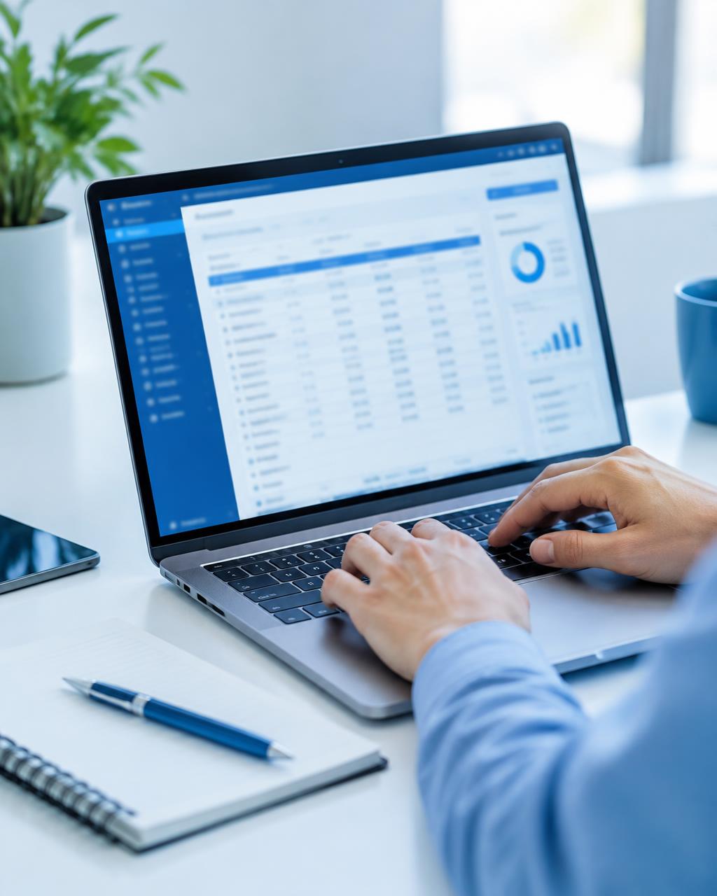 Hands typing on a laptop running accounting software